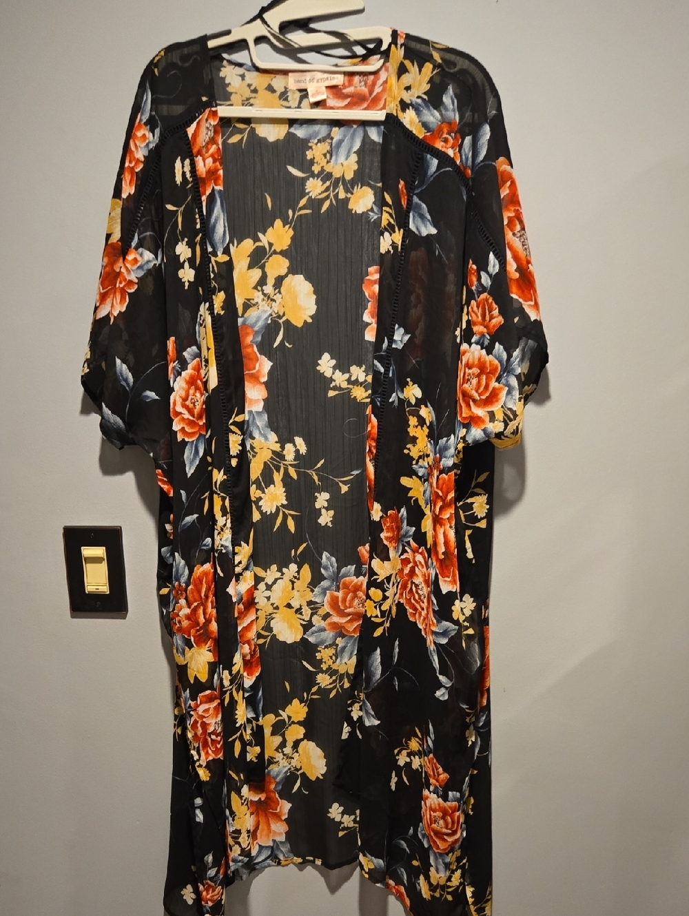 Band of Gypsies Black Floral Kimono with Yellow & Rust Blooms